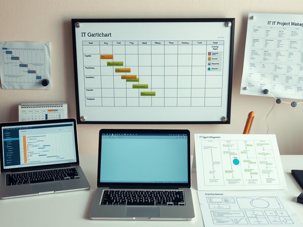 A clean, well-organized workspace with various IT project management tools neatly arranged - a laptop, a Gantt chart, a Kanban board, a calendar, and a project planning diagram. The lighting is soft and warm, creating a professional and focused atmosphere. The camera angle is slightly elevated, giving a bird's-eye view of the setup, emphasizing the importance and complexity of IT project management. The overall mood is one of efficiency, organization, and attention to detail, reflecting the hard skills required for successful IT project management.