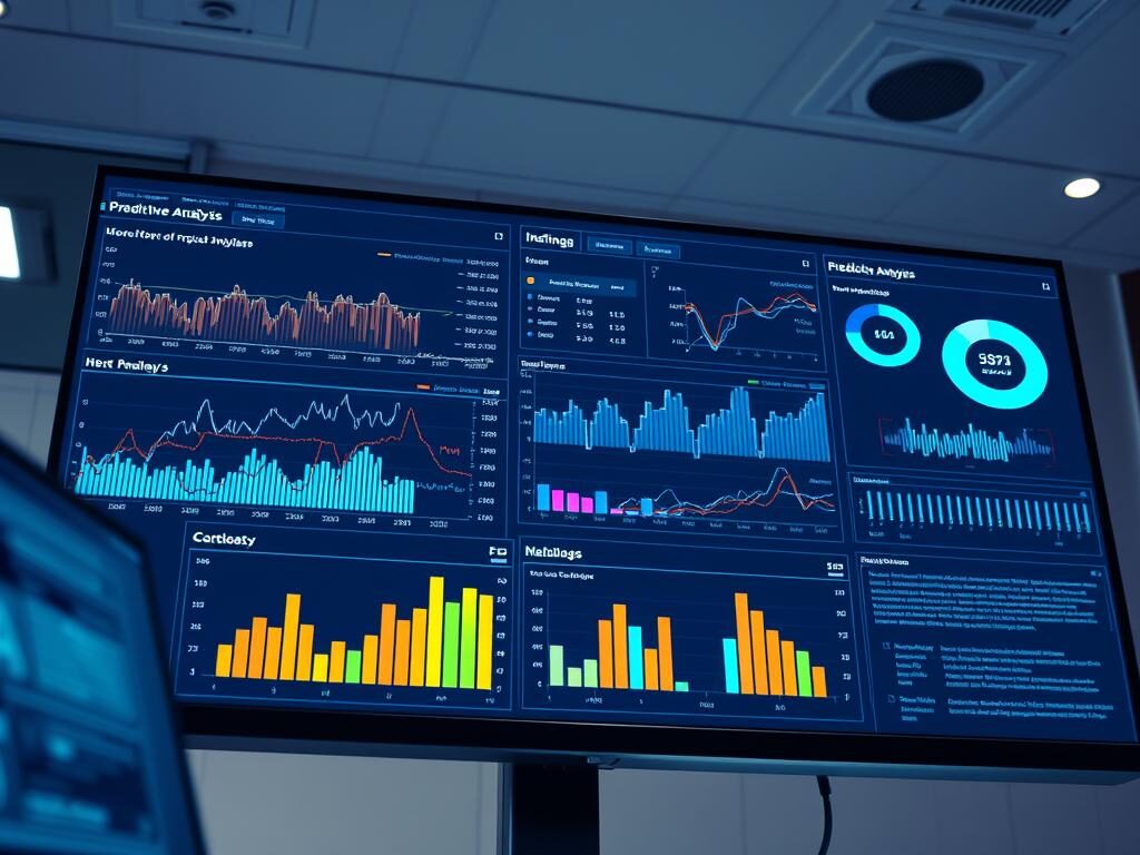 A detailed predictive analysis dashboard displayed on a large, high-resolution computer monitor. The dashboard shows various data visualizations, including line graphs, scatter plots, and heat maps. The interface is sleek and modern, with a minimalist design and intuitive user controls. The lighting is bright and evenly distributed, creating a sense of clarity and professionalism. The camera angle is positioned slightly above the dashboard, giving a birds-eye view and emphasizing the scale and importance of the analysis. The overall atmosphere conveys a sense of data-driven decision-making, strategic planning, and forward-thinking leadership.