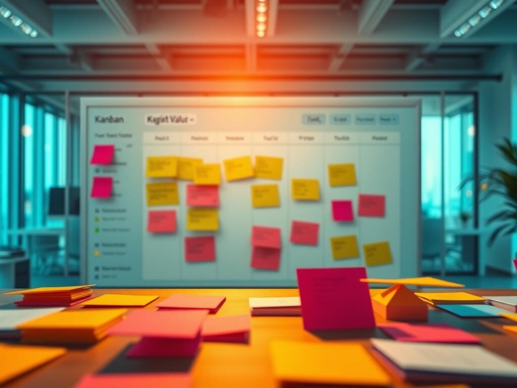 A dynamic Kanban board, backlit by warm, natural lighting, showcases the flow of value in a digital workspace. In the foreground, vibrant sticky notes and cards represent tasks, priorities, and team collaborations. The midground features a sleek, minimalist interface with a clear visualization of the Kanban process, guiding the user through the stages of value delivery. In the background, a serene yet modern office setting, with large windows and minimalist decor, creates a sense of focus and productivity. The overall composition conveys a sense of order, efficiency, and transformative leadership in the digital age.
