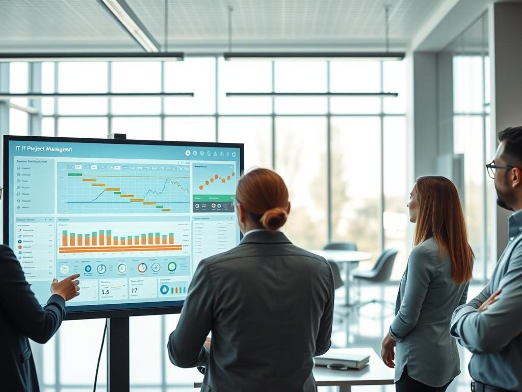 A modern, well-organized IT project management office with clean, minimalist aesthetics. In the foreground, a team of professionals collaborating around a large touchscreen display, analyzing project data and Gantt charts. In the middle ground, a cloud-based project management platform with intuitive dashboards and real-time updates. In the background, a sleek, tech-forward office space with floor-to-ceiling windows, ample natural lighting, and a serene, focused atmosphere. The image should convey efficiency, transparency, and strategic alignment, reflecting the optimization of IT project management processes.