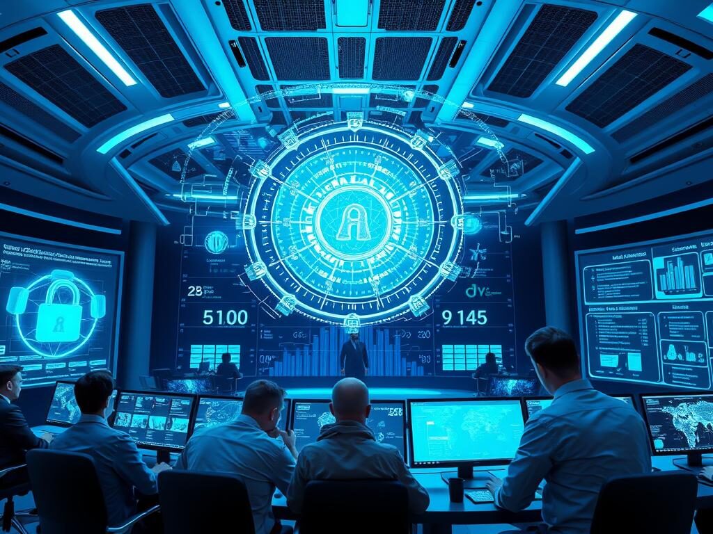 A sleek, futuristic cybersecurity control center, with a central holographic display showcasing AI-powered threat detection and mitigation. The room is bathed in a cool, blue-tinted lighting, creating an atmosphere of technological sophistication. Intricate data visualizations and real-time security analytics are projected onto the walls, while security specialists monitor the systems with intense focus. In the foreground, a team of data scientists and engineers collaborate on innovative AI-driven security solutions, their screens displaying complex algorithms and neural network architectures. The sense of security and control is palpable, reflecting the transformative power of AI in safeguarding critical systems and data.