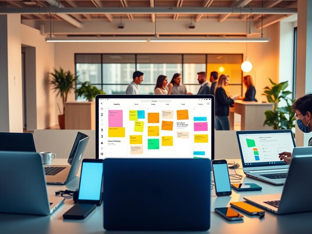 A vibrant digital workspace with modern agile management tools. In the foreground, an array of laptops, tablets, and smartphones arranged in a dynamic, collaborative layout. The middle ground features a sleek digital kanban board, colorful sticky notes, and a team of professionals engaged in lively discussions. The background showcases a minimalist office interior with clean lines, natural lighting, and pops of greenery, creating a harmonious and productive atmosphere. Subtle, warm lighting accentuates the scene, conveying a sense of efficiency, innovation, and a culture of continuous improvement.