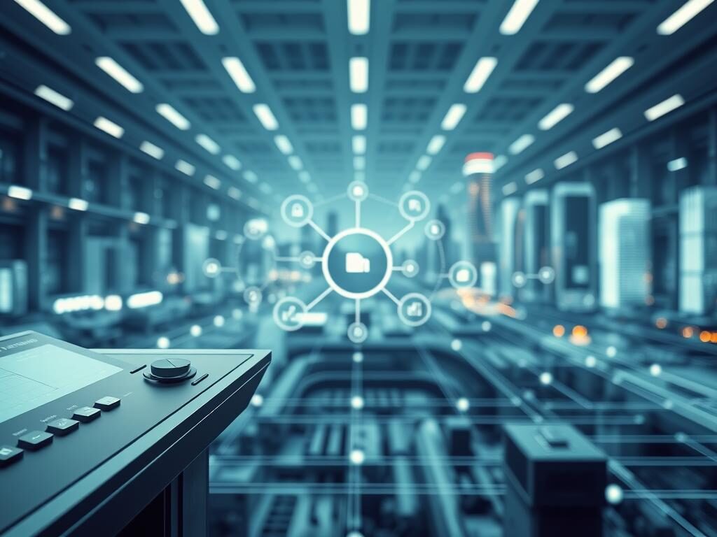A well-lit, high-resolution image depicting the automation of business processes through the integration of various technological platforms. In the foreground, there is a sleek, minimalist user interface showcasing intuitive controls and data visualization tools. In the middle ground, a network of interconnected icons represents the seamless integration of different software systems. In the background, a clean, futuristic cityscape or industrial setting conveys a sense of efficiency and progress. The image should have a professional, cutting-edge aesthetic, with a cool color palette and subtle lighting effects that enhance the futuristic tone.