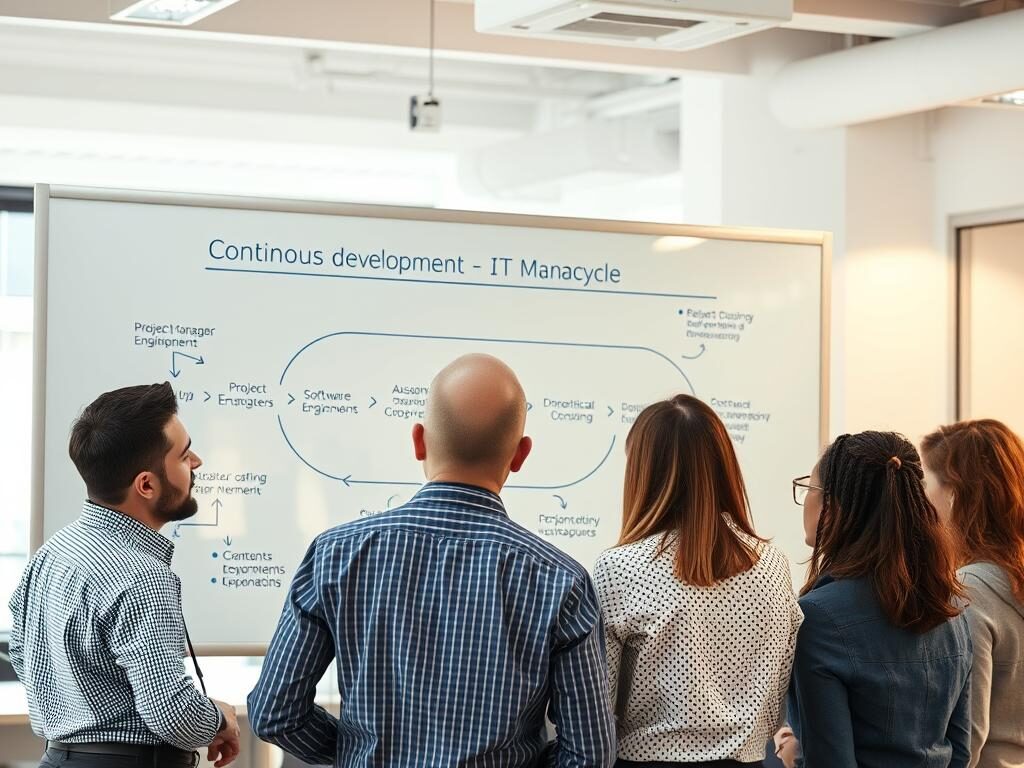 An office setting with a large whiteboard displaying a flow diagram depicting the continuous development lifecycle in IT management. A group of diverse professionals, including a project manager, software engineer, and business analyst, are gathered around the whiteboard, engaged in a collaborative discussion. The lighting is bright and warm, creating a productive and focused atmosphere. The scene is captured from a slightly elevated angle, giving a sense of an organized, structured, and methodical approach to IT management. The background is blurred, emphasizing the whiteboard and the team's engagement.